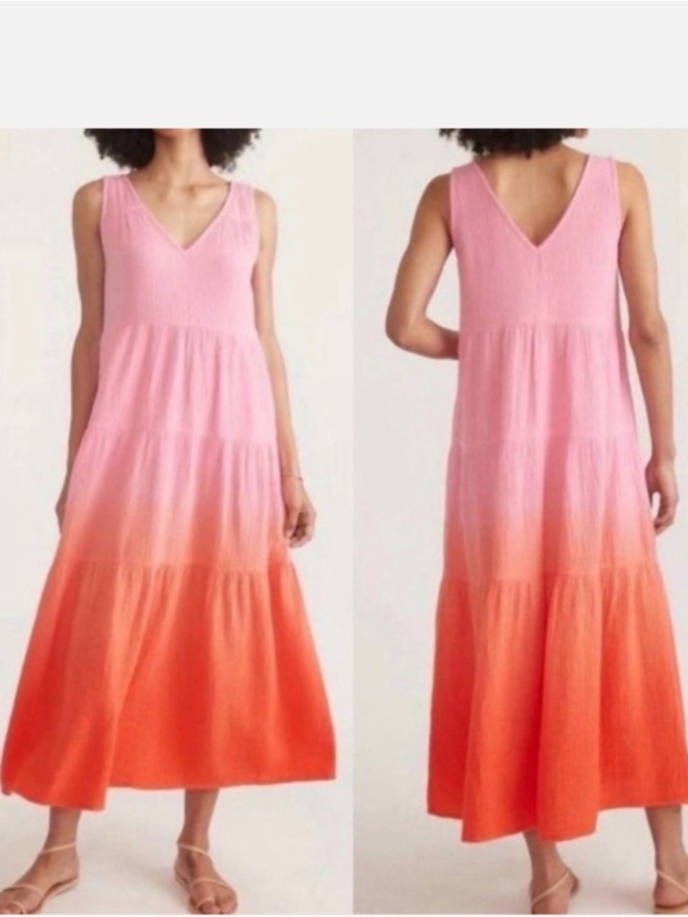 Marine Layer Coastal Grandmother Pink Orange Ombre Cotton Gauze Tiered Maxi XS - Picture 12 of 13